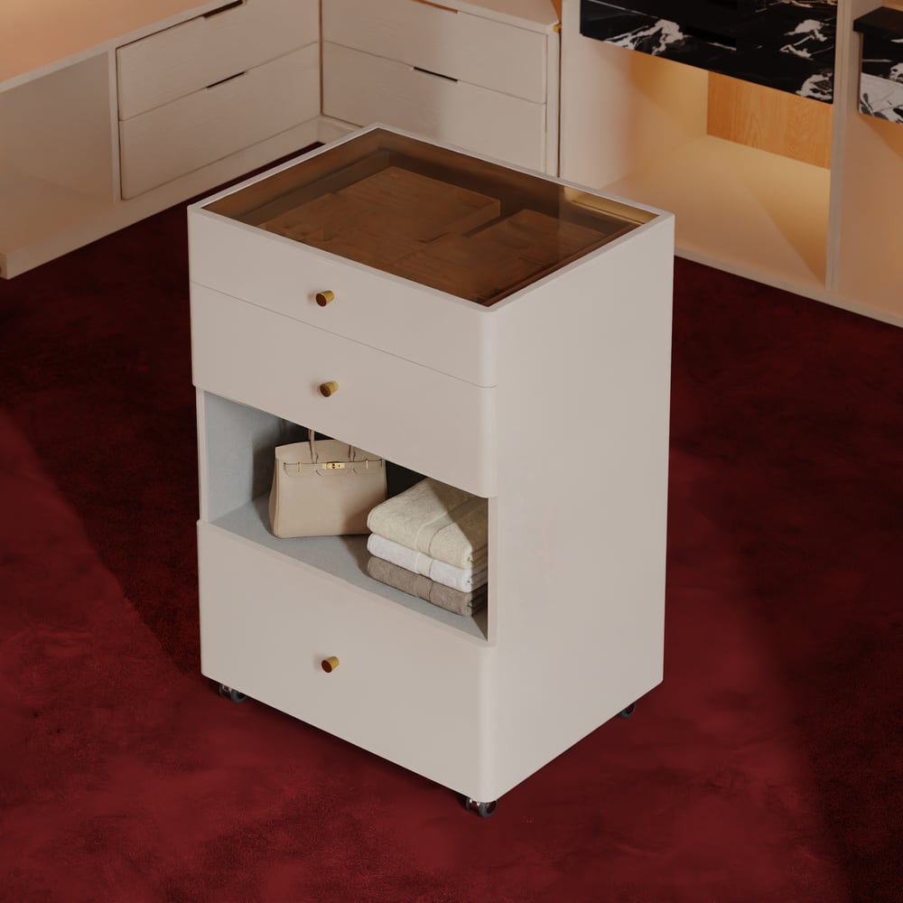 Îlot de dressing pour bijoux avec plateau en verre et éclairage image de fenêtre