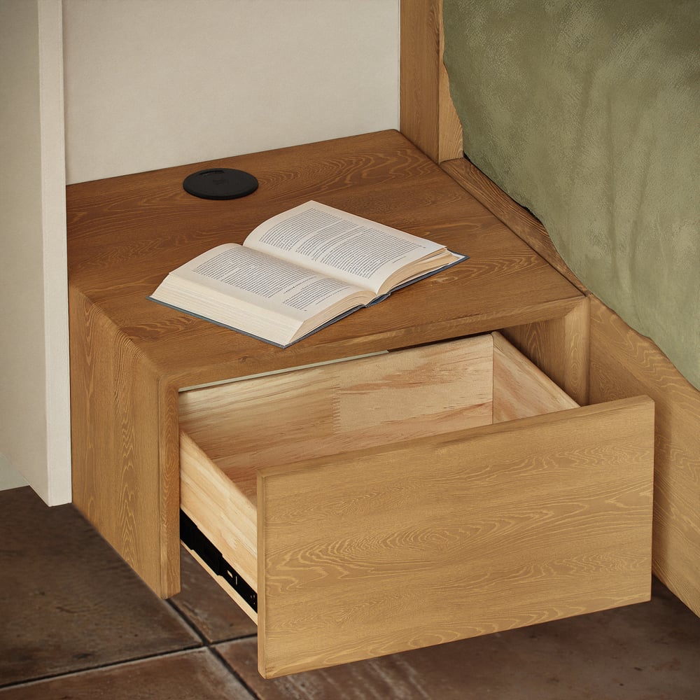 King Solid Wood Bed with Leather Extended Headboard & Floating Smart Nightstand Set window image