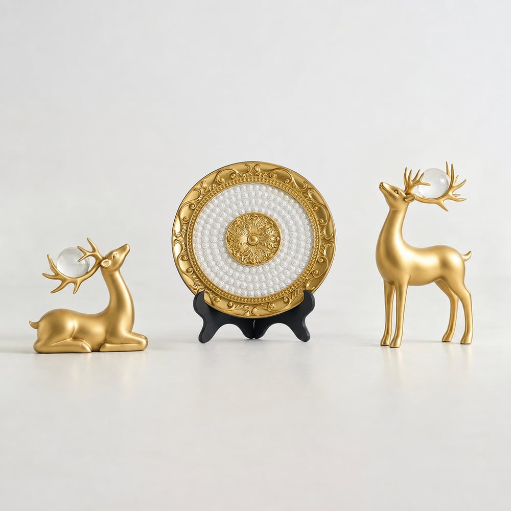 3PCS Golden Deer Figurine with Decorative Plate Set Luxury Resin Animal Sculptures window image