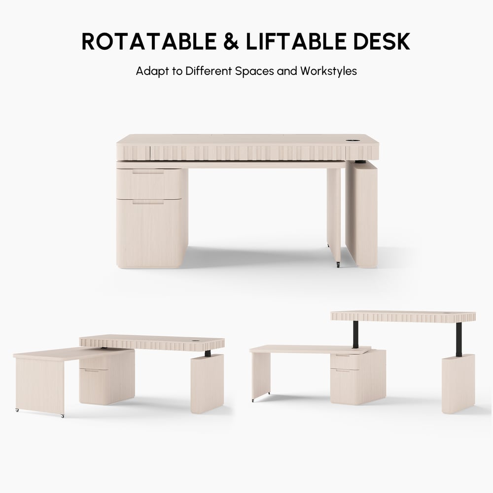 Aura 63" Whitewash Fluted 360-Degree Rotating Desk Electric Adjustable Standing Desk window image