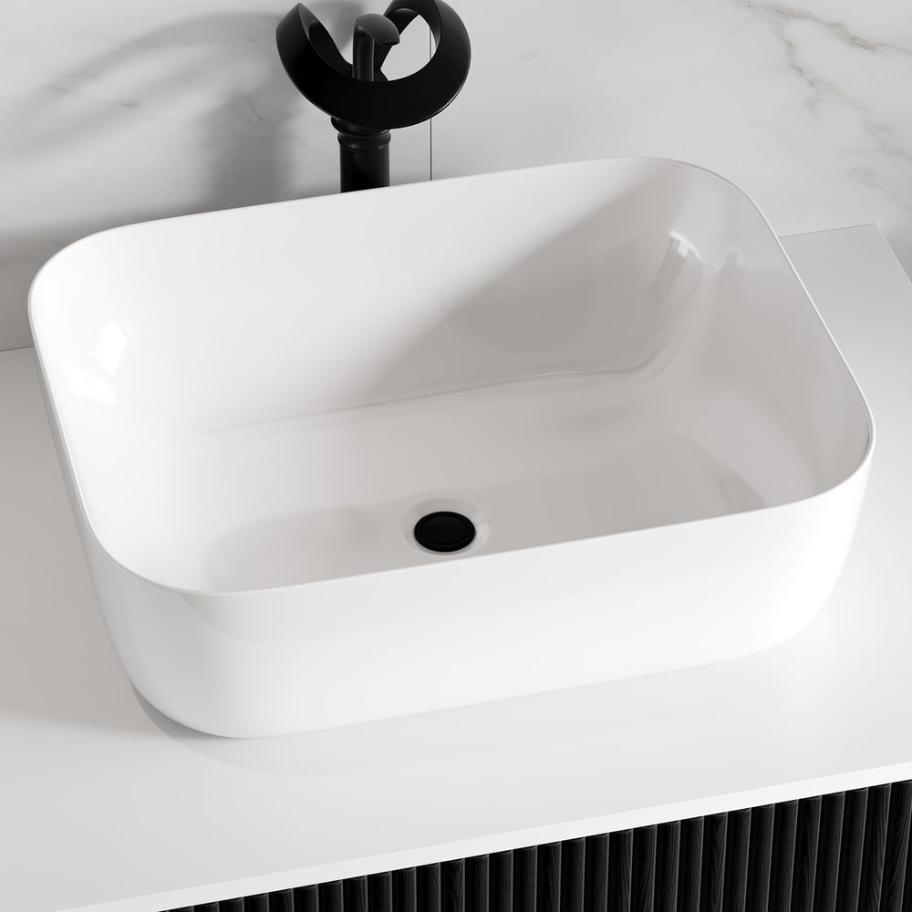 80cm Fluted Freestanding Bathroom Vanity with Vessel Sink, 3-Drawers, Sintered Stone top window image