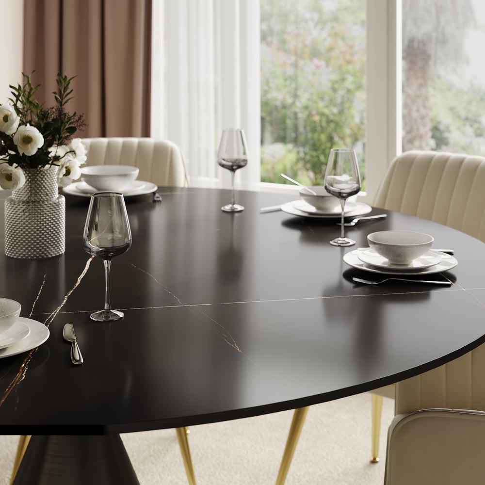 Modern 60" Round Matte Sintered Stone Dining Table with Black Pedestal Base, Seats 6 window image