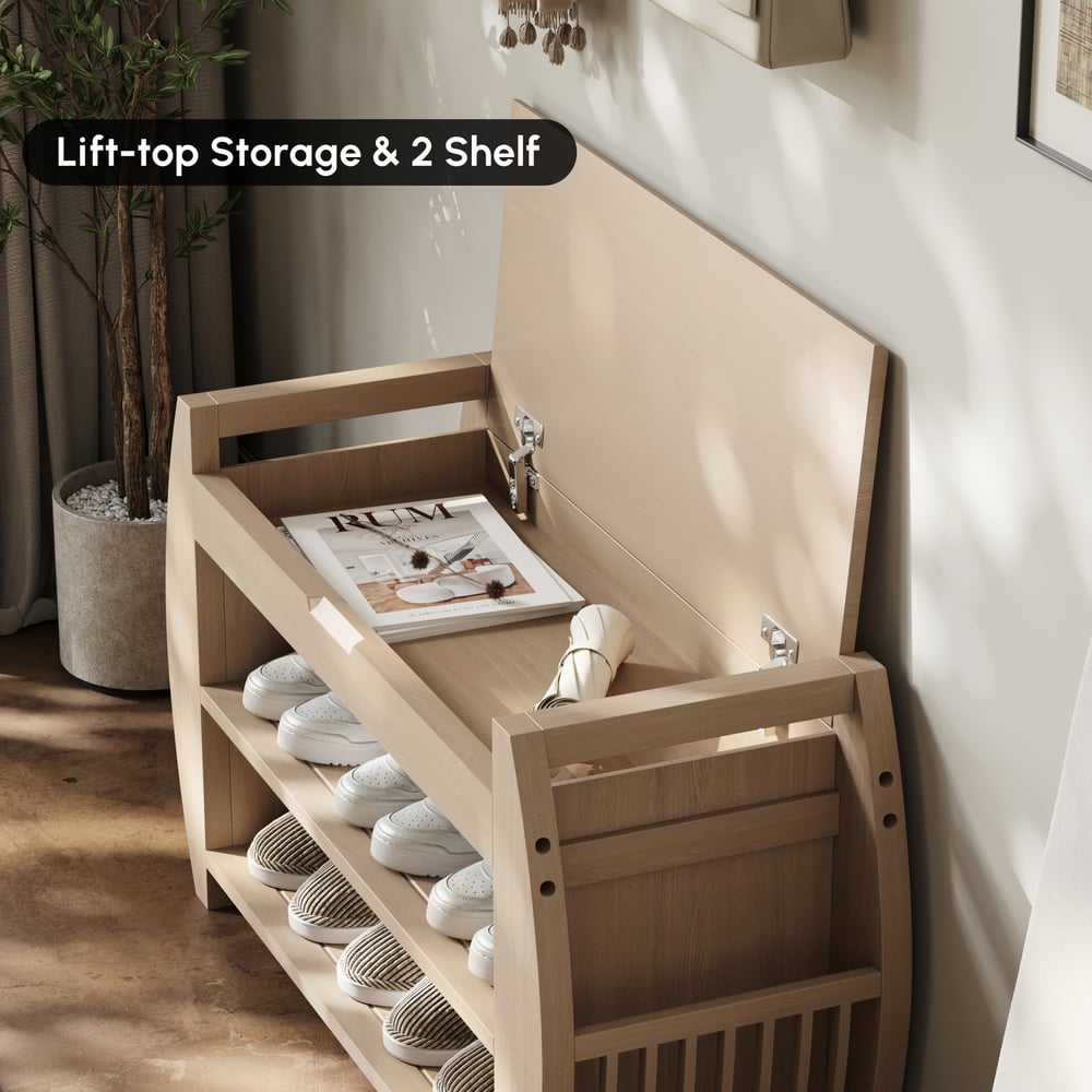 Banc d'entrée de rangement pour chaussures en placage de bois blanchi de 32 pouces avec porte-chaussures image de fenêtre