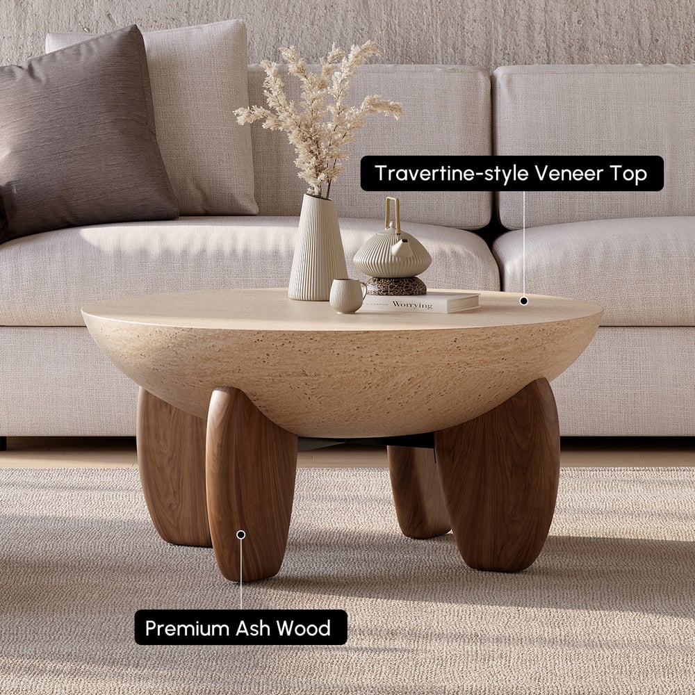 Table Basse Curva 76 cm Ronde en Béton Noyer avec Pieds en Bois image de fenêtre