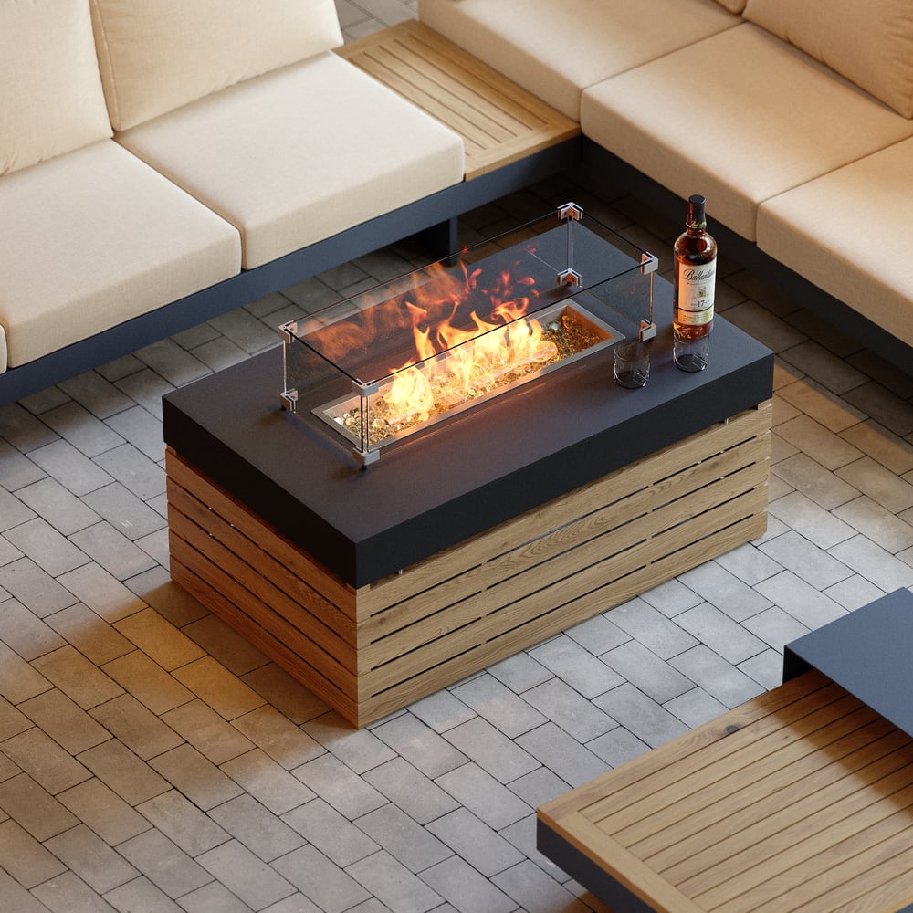 Tevara 5-Pieces Modular Teak Outdoor Sofa Set with Smokeless Fire Pit for 6 in Beige window image