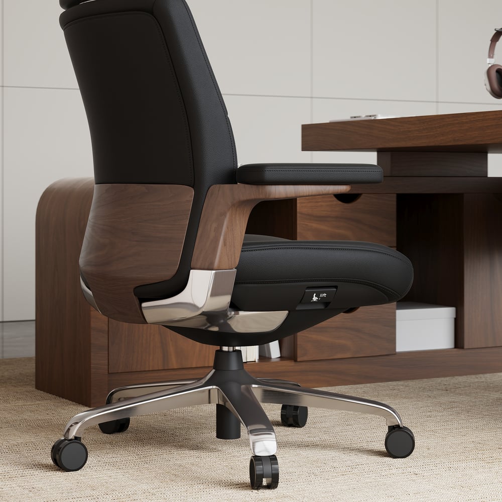 Black Genuine Leather Swivel Office Chair with Ergonomic Synchro-Tilt Recline System window image