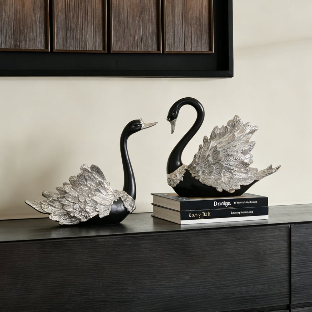 2-Piece Resin Swan Figurines – Elegant Black & Silver Swan Decorative Storage Set window image