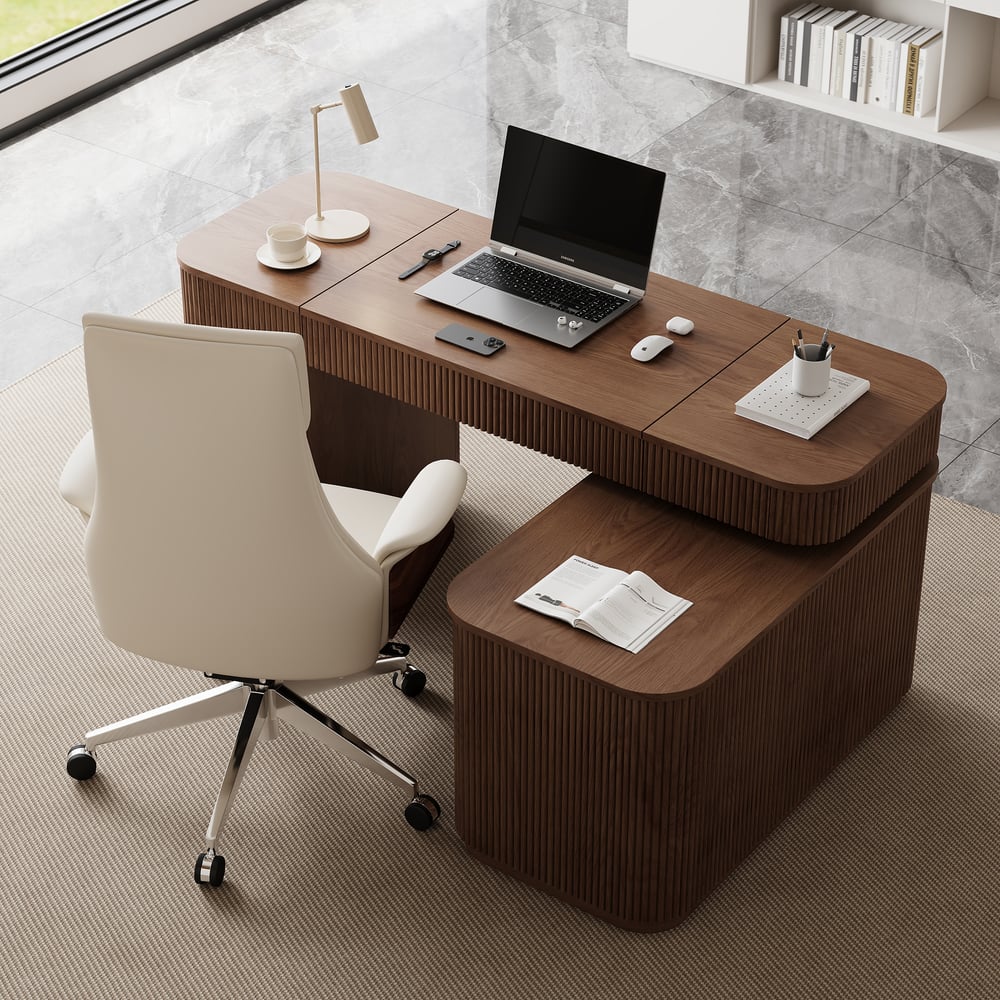 Modern 60" L-Shape Walnut Executive Desk with Drawers & Cabinet Right Hand window image
