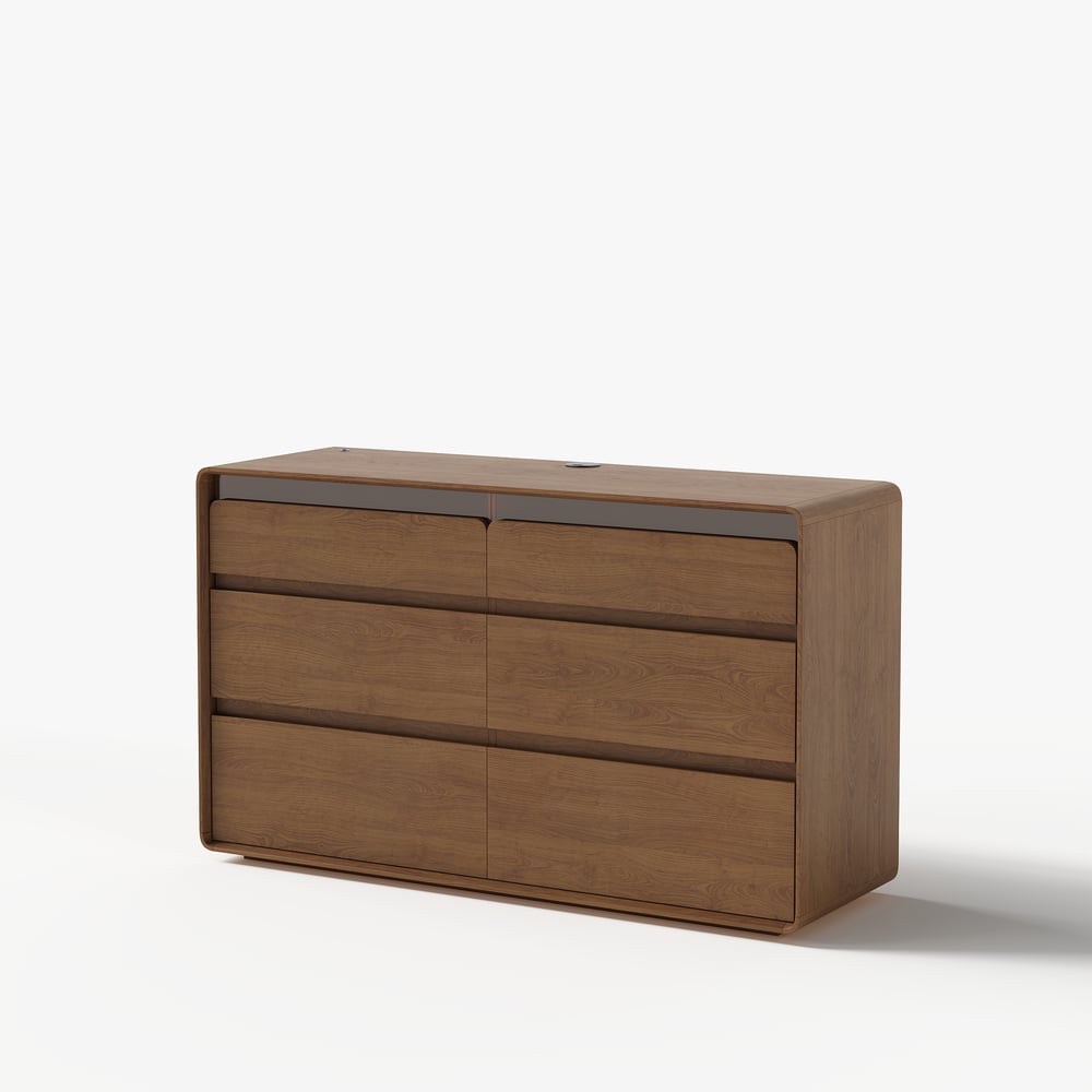 Meloa 47" Wooden Walnut 6-Drawer Dresser with Light and Charging Station window image