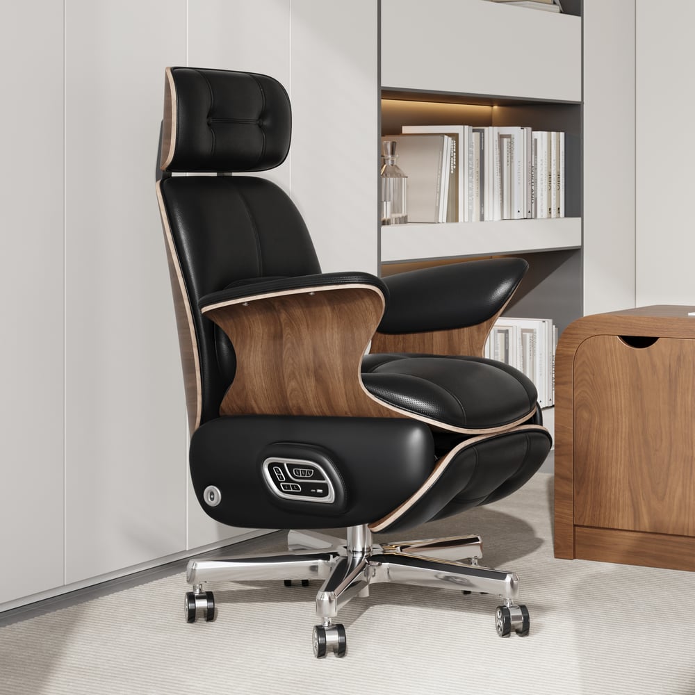 Black Genuine Leather Power Reclining Executive Office Chair Swivel Office Desk Chair window image