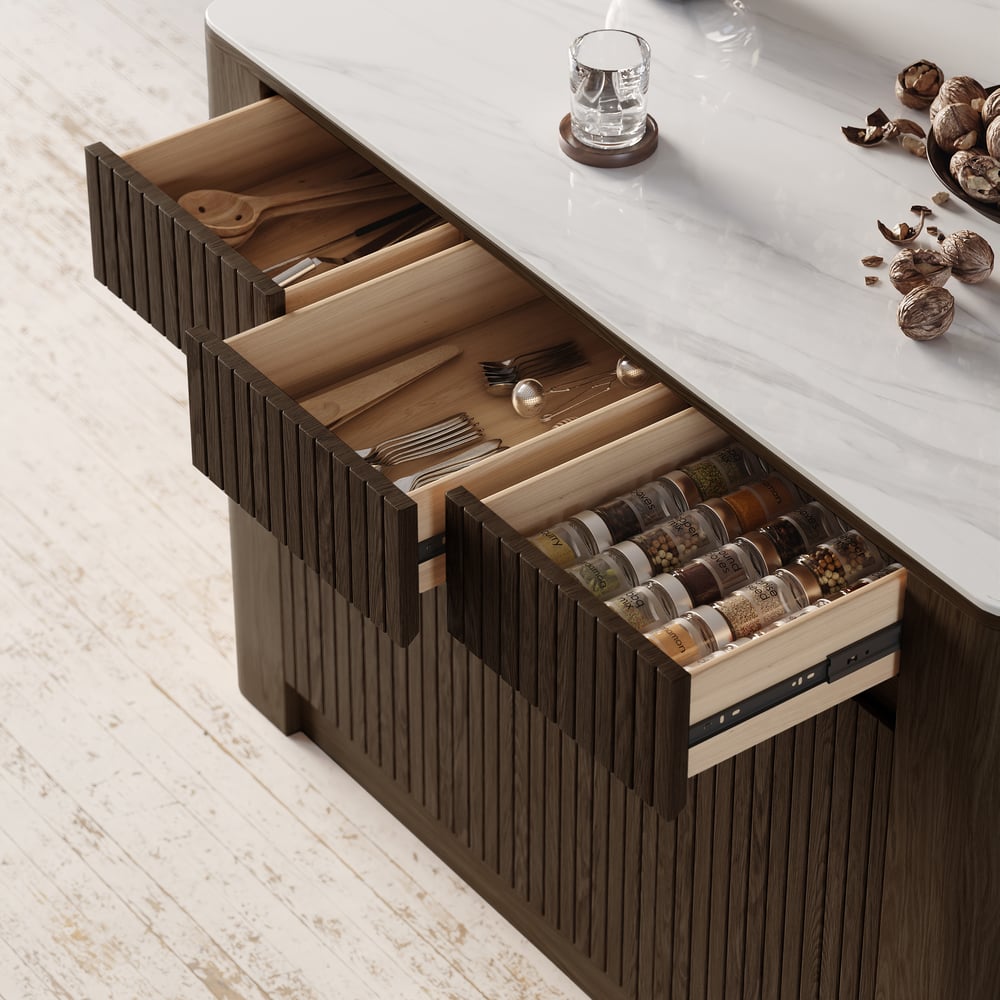 Mid-Century 51" Glossy Sintered Stone Top Kitchen Island with Storage, Smoked Brown window image