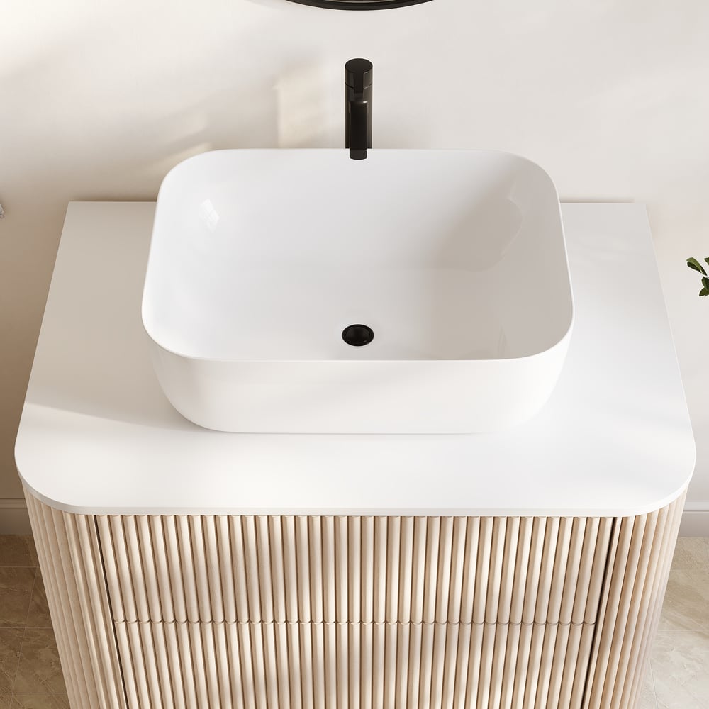 80cm Fluted Freestanding Bathroom Vanity with Vessel Sink, 3-Drawers, Sintered Stone top window image