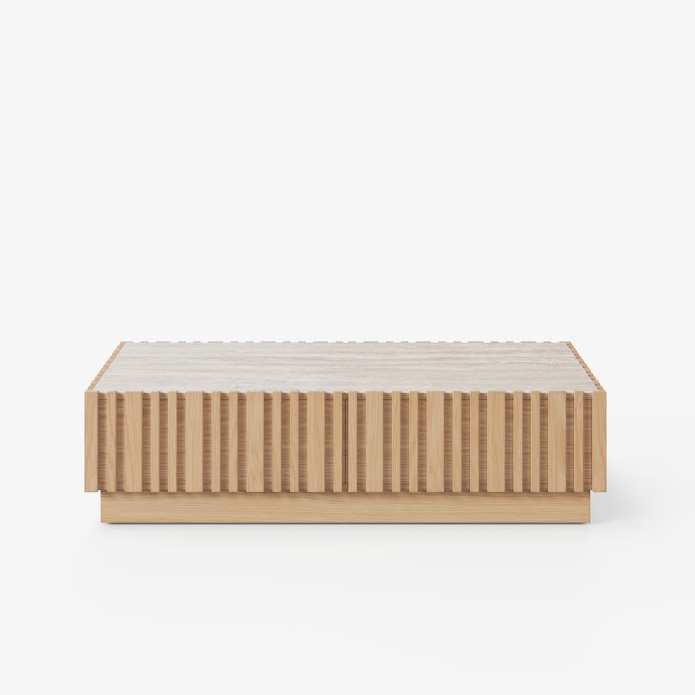 Table basse à lattes Aura 47" en bois de frêne avec plateau en pierre frittée image de fenêtre