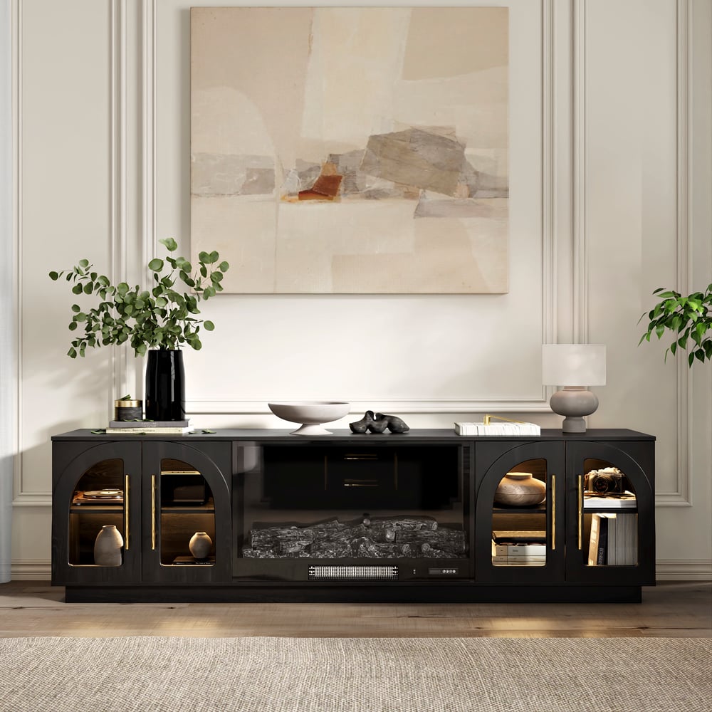 Arune 80" Arched Glass Doors TV Stand with Electric Fireplace & Remote Control window image