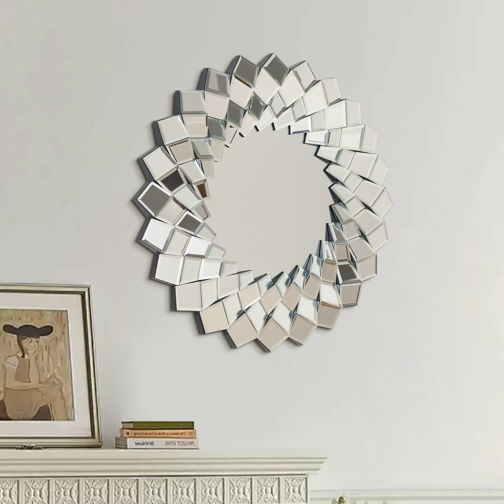 24" Diamond-Shaped Wall Mirror, Silver Round Decorative Mirror window image