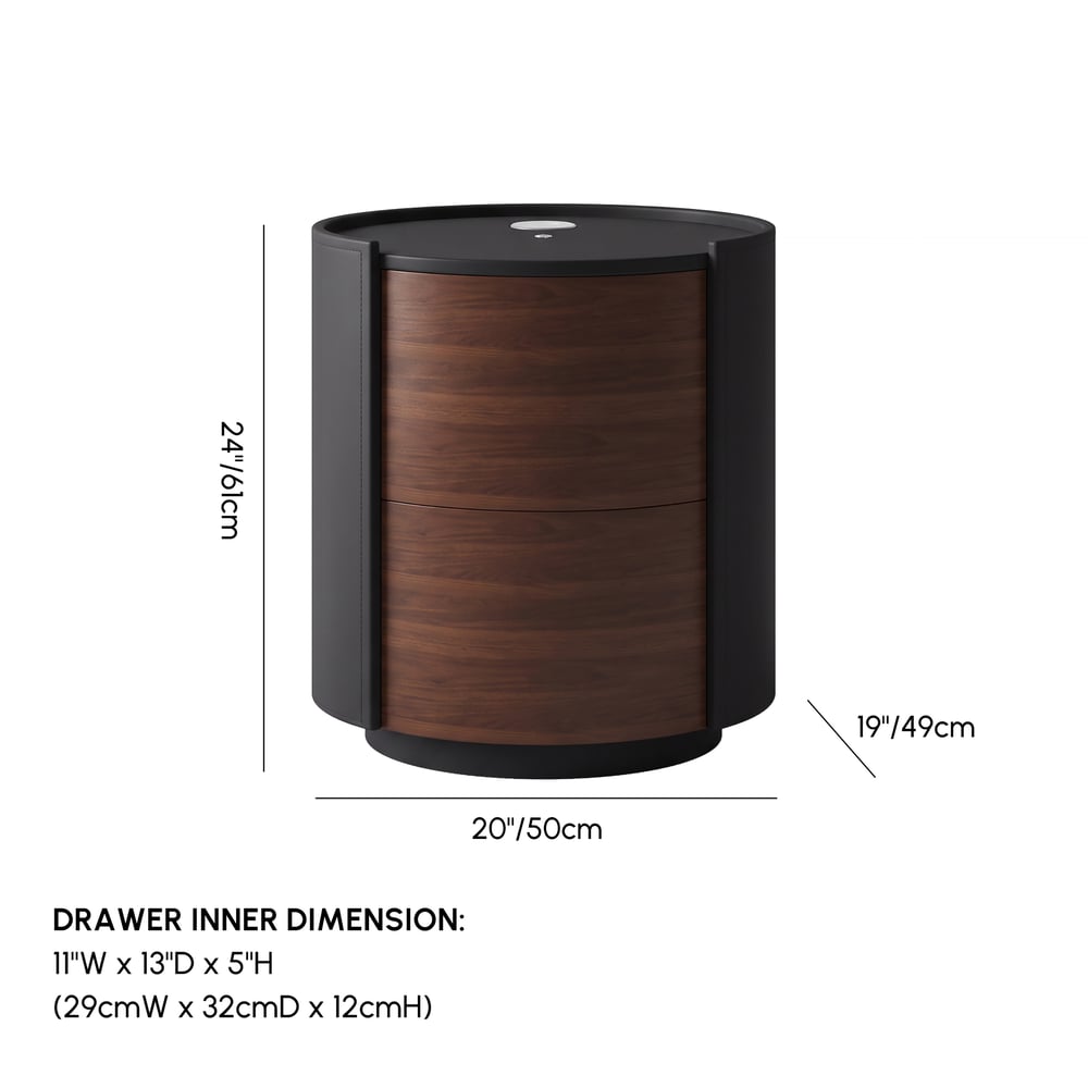 Modern Black Saddle Leather 2-Drawer Nightstand with Charging Station & Light weights dimensions image