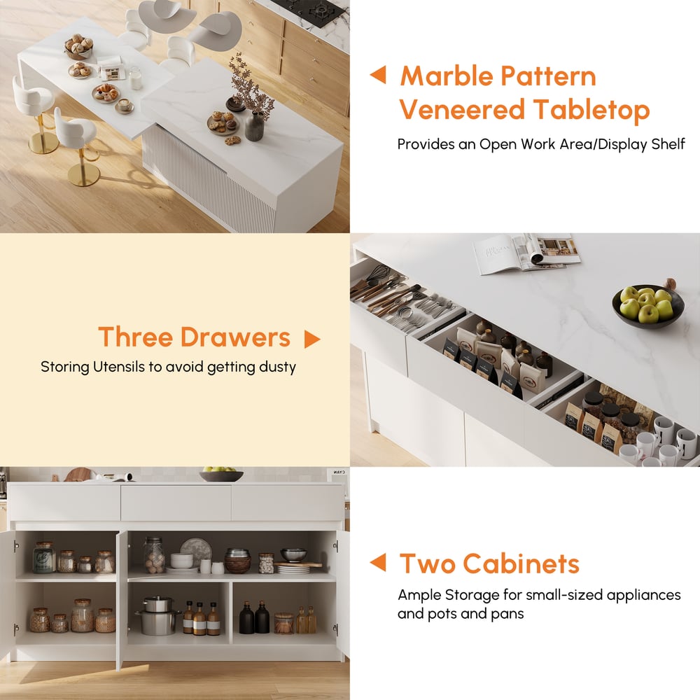 Modern 81"-112" Sintered Stone Kitchen Island with Drawers & Doors, White window image