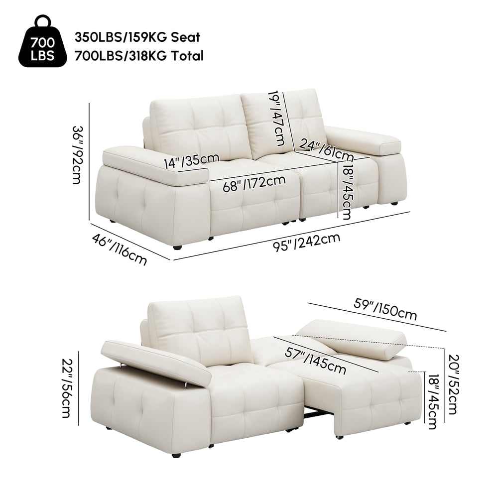 96" 2-Seater Genuine Leather Power Convertible Sleeper Sofa with Adjustable Armrests weights dimensions image