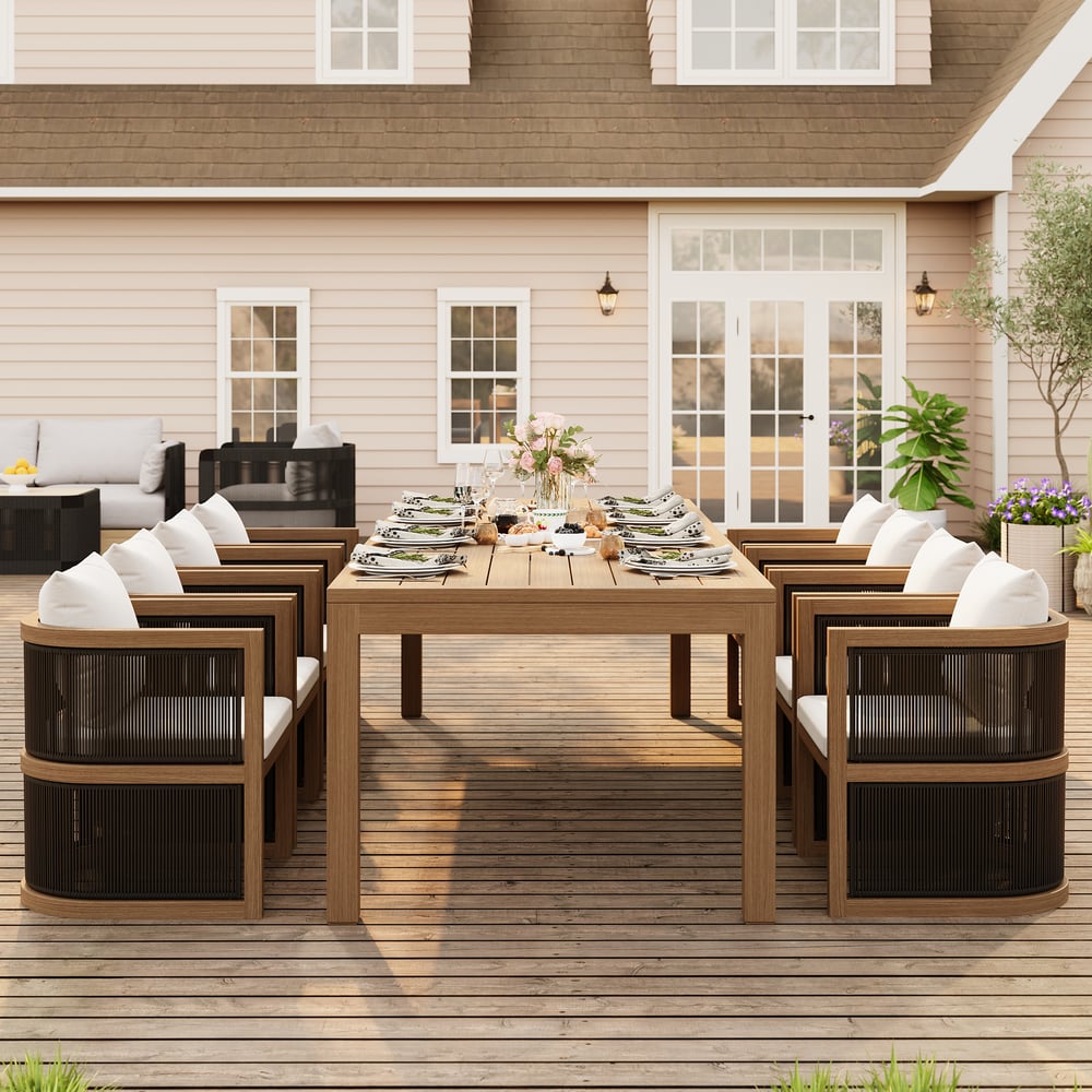 Wevara 11-Piece Outdoor Rope Weave Dining Set with 10 Chairs in Walnut window image