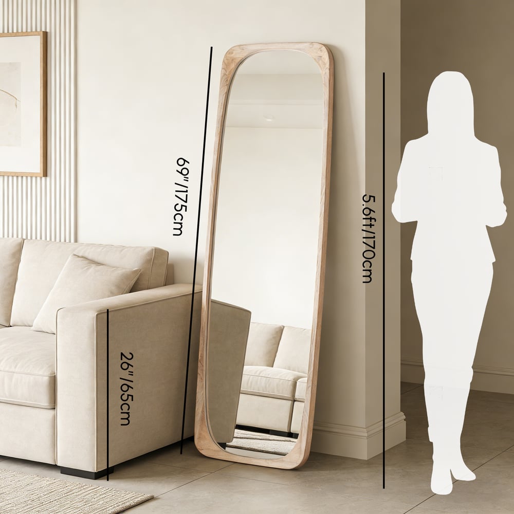 Rectangle Full Length Floor Mirror Wood Frame 175cm Leaning Mirror Natural window image