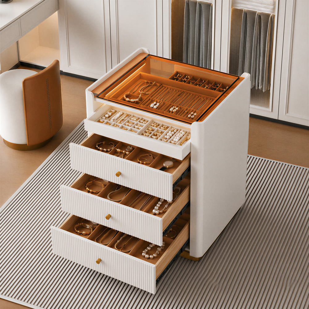 Îlot de placard moderne de 29,5" en cuir cannelé, commode à 7 tiroirs avec éclairage et rangement pour bijoux image de fenêtre