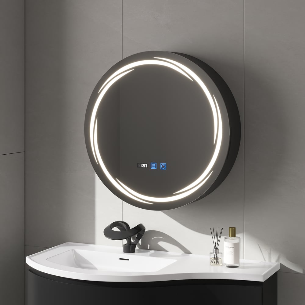 60cm Round Black LED Bathroom Mirror Cabinet with Storage, Anti-Fog, Dimmable window image
