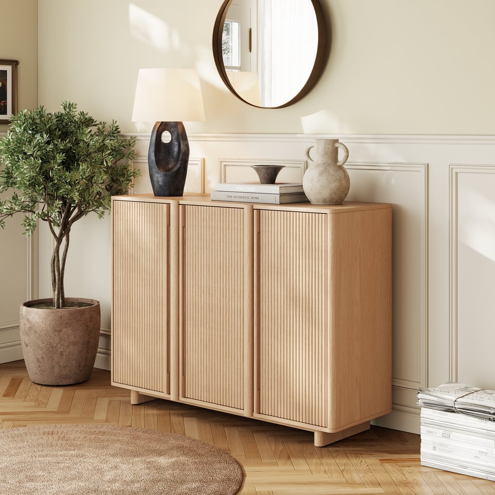 Lineva 48" Ash Wood Veneer Shoe Storage Fluted Entryway Cabinet window image