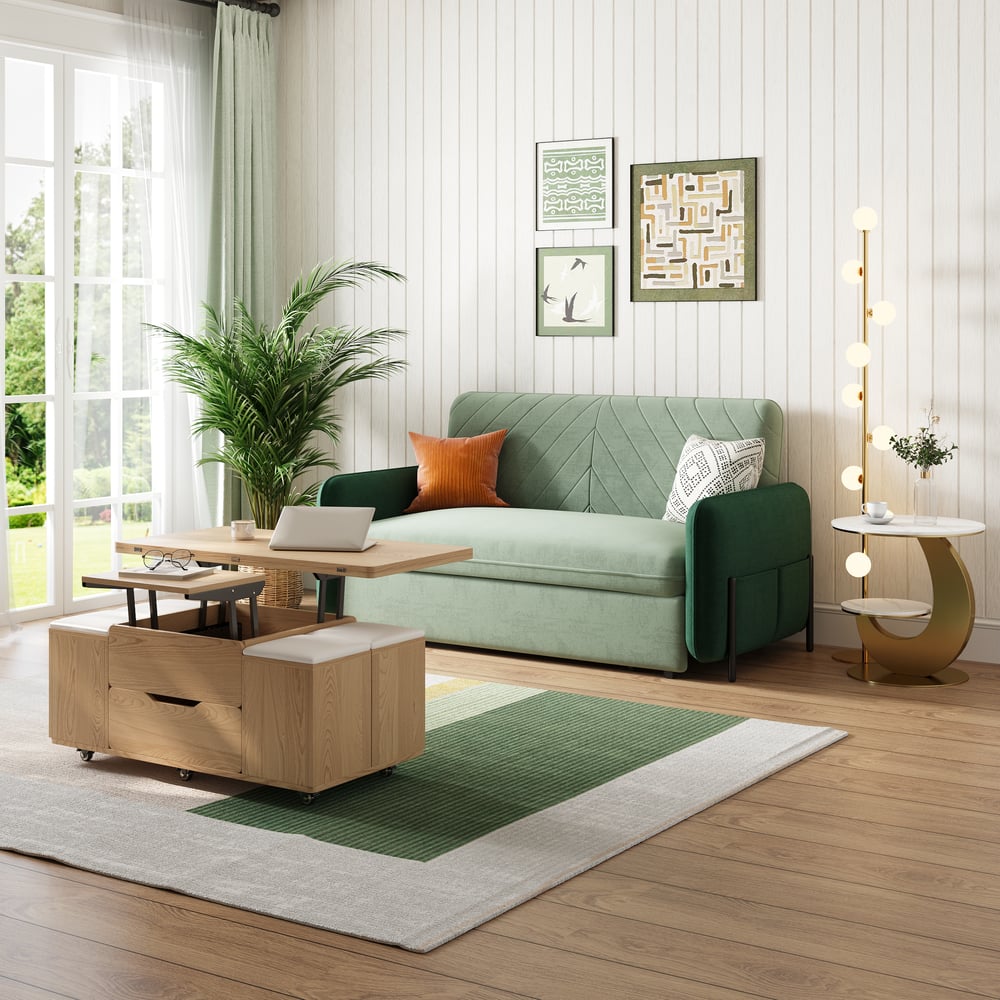 170 cm 2-Seater Green Velvet Convertible Sleeper Sofa with Storage & Pillows window image