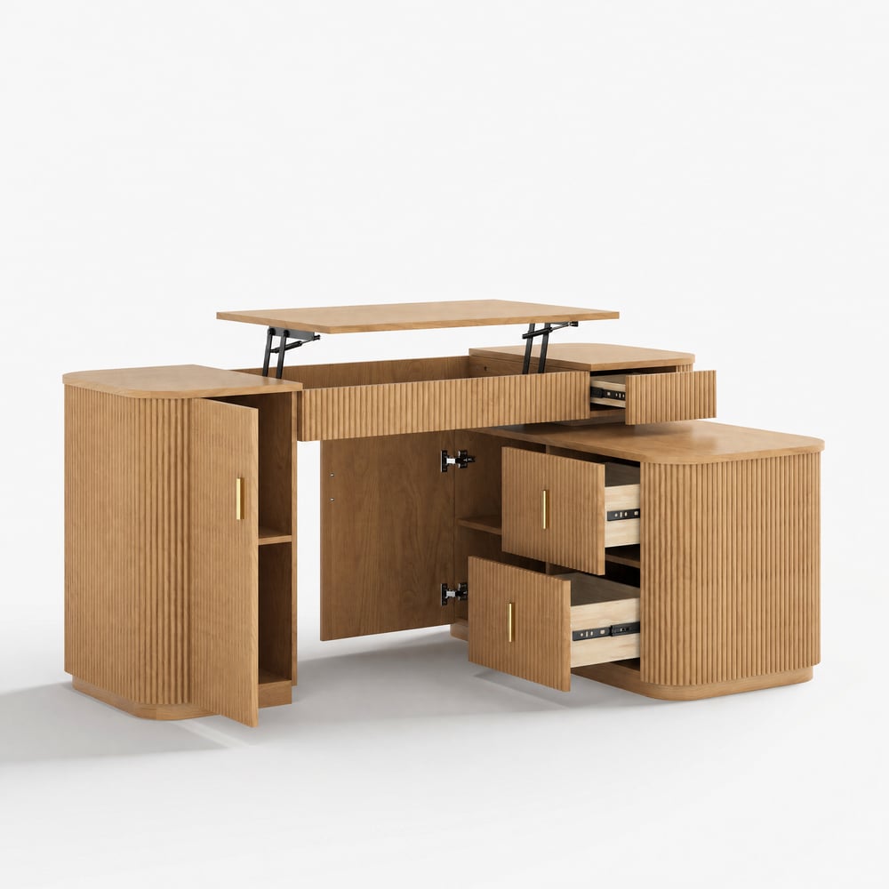Velign 65" L-Shape Natural Executive Desk with Right-Side Cabinet window image