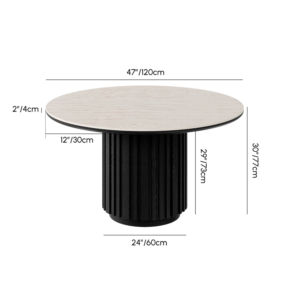 Aura 47" Round Black Faux Travertine Sintered Stone Dining Table, Fluted Base, Seats 4 weights dimensions image