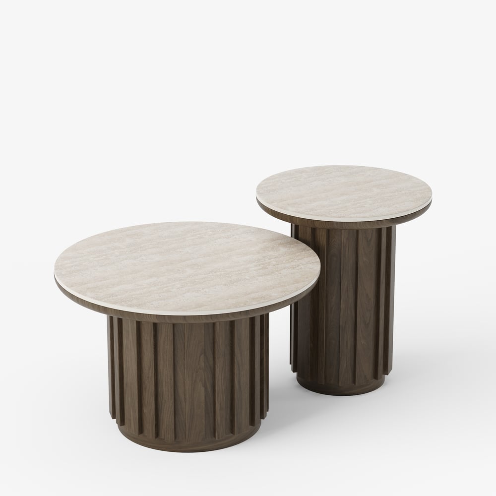 Aura 2 Piece Set Ash Wood Slatted  Round Coffee Table with Sintered Stone Top(20" - 28") window image