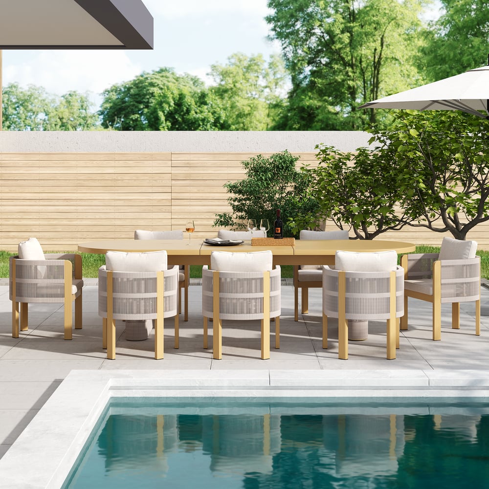 Costra 9-Piece Outdoor Aluminum & Rope Extendable Dining Set with 8 Chairs window image