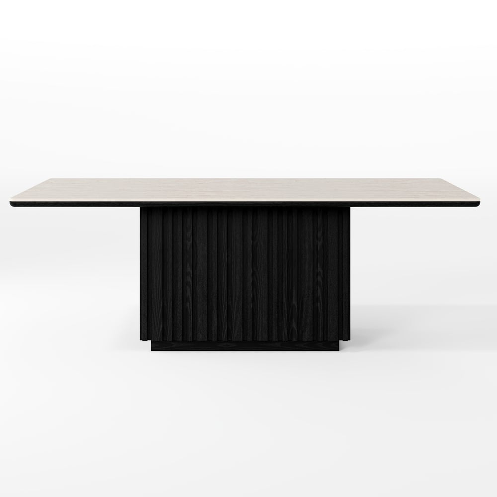 Aura 84" Rectangular Black Faux Travertine Sintered Stone Dining Table, Fluted Base, Seats 8 window image