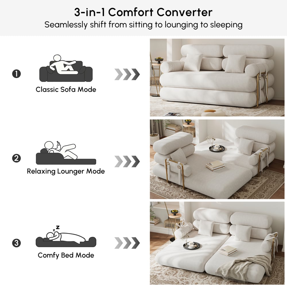 Sofá cama futón de terciopelo blanco tamaño queen de 67", sofá cama 4 en 1 Imagen de ventana