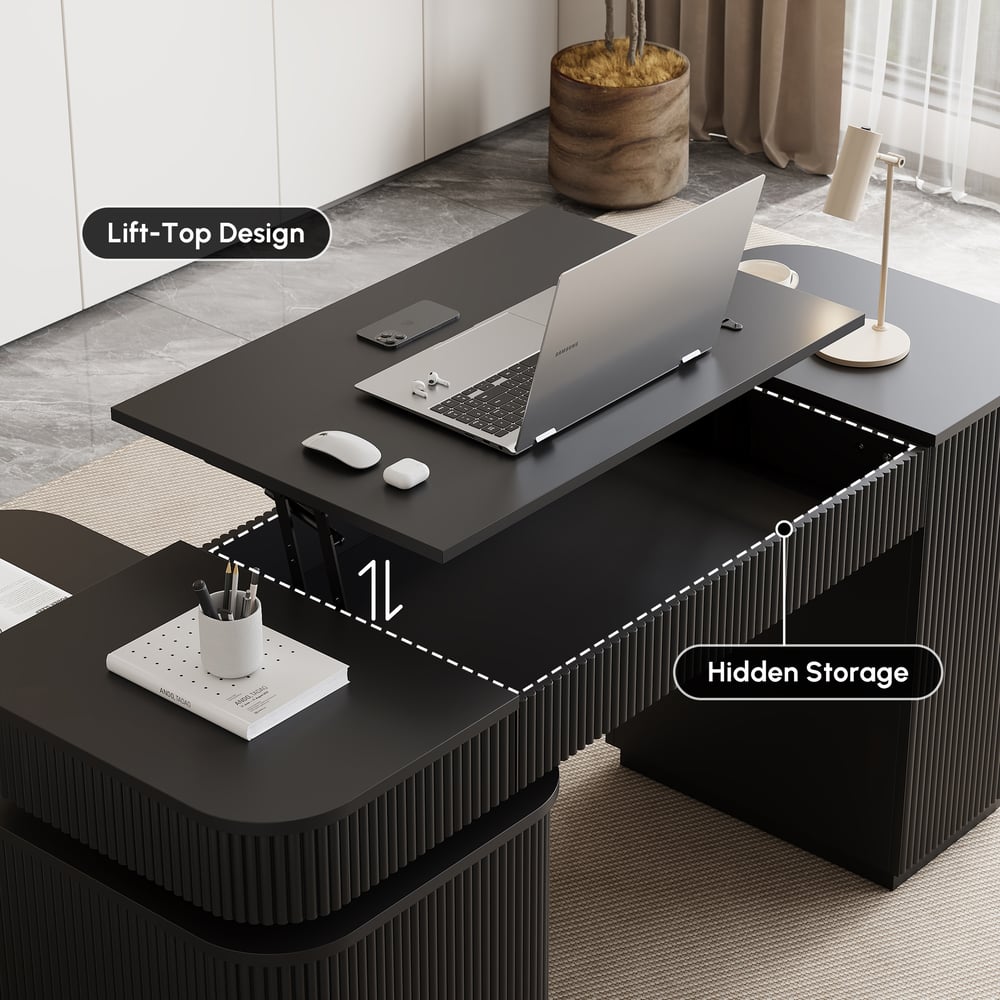 Velign 65" L-Shape Black Executive Desk with Right-Side Cabinet window image