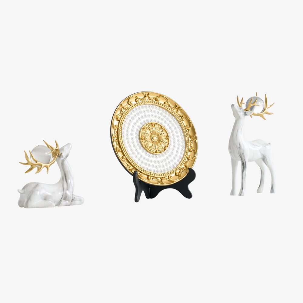 3 pcs Golden Deer Figurine with Decorative Plate Set, Luxury Resin Animal Sculptures window image