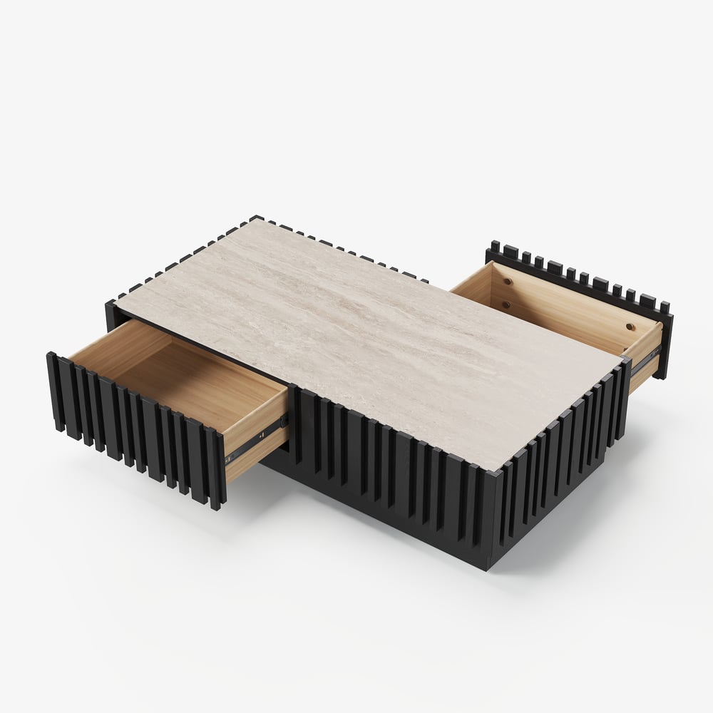 Table basse à lattes Aura 47" en bois de frêne avec plateau en pierre frittée image de fenêtre