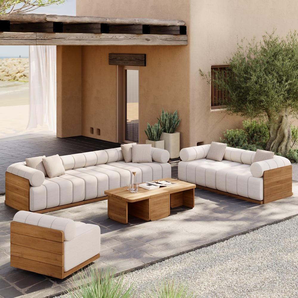 Resaro Teak Wood Deep-Seat 3-Seater Outdoor Sofa Warm White window image