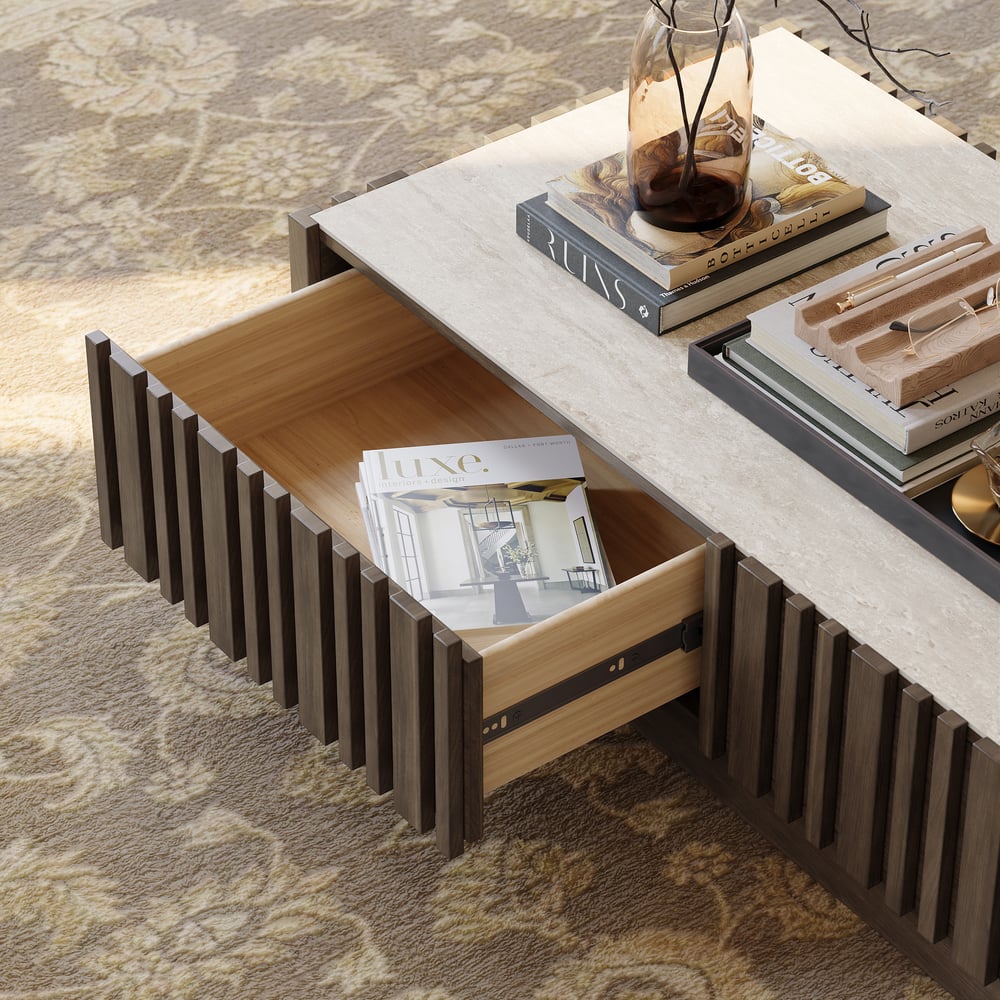 Aura 47" Ash Wood Slatted Coffee Table with Sintered Stone Top window image