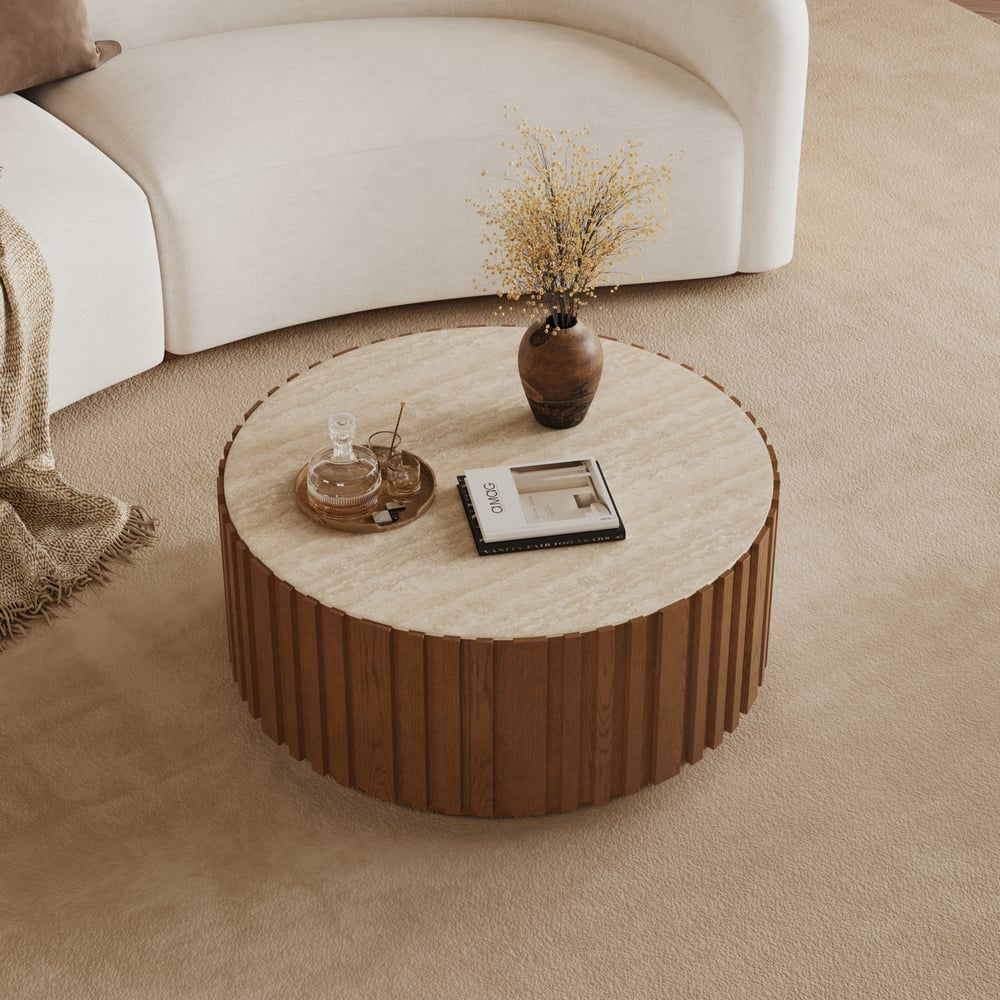 Aura 35" Ash Wood Slatted Round Coffee Table with Sintered Stone Top window image