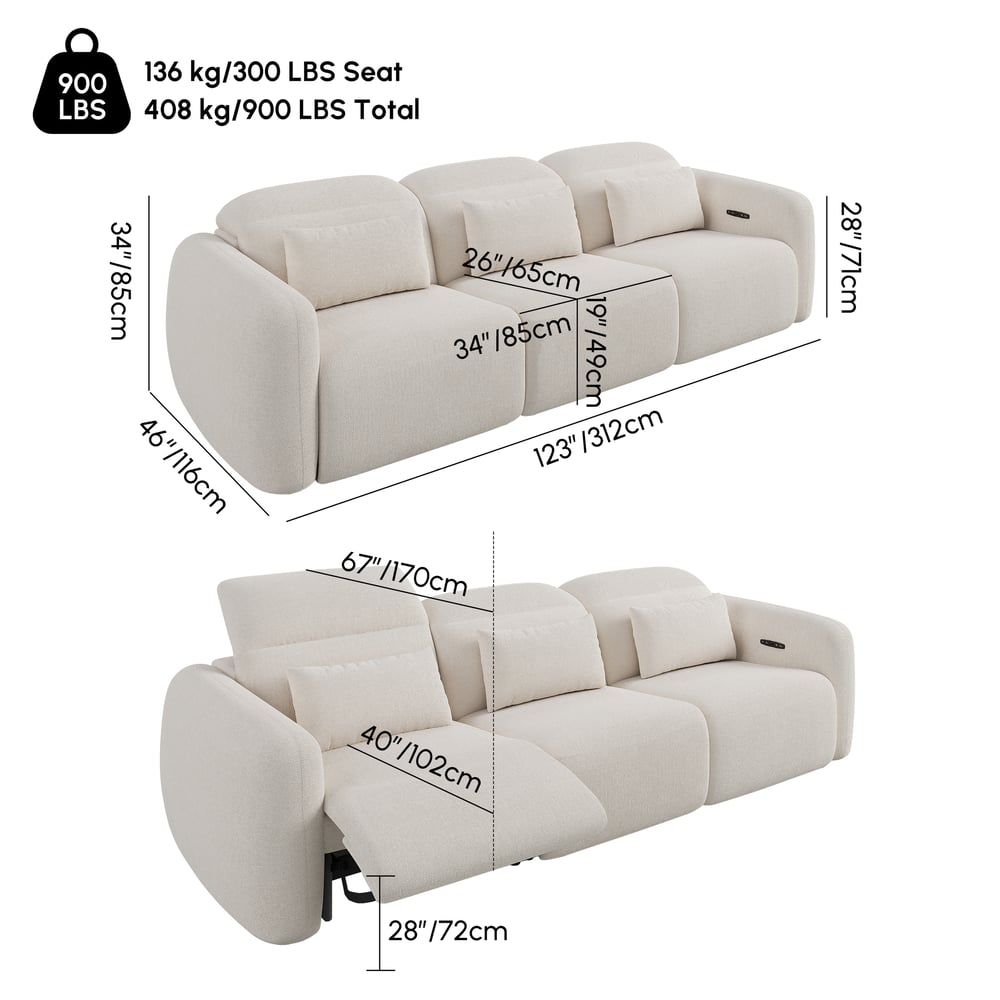 Canapé inclinable électrique 3 places de 312cm en chenille avec gravité zéro, coussins et port USB Poids, dimensions, image