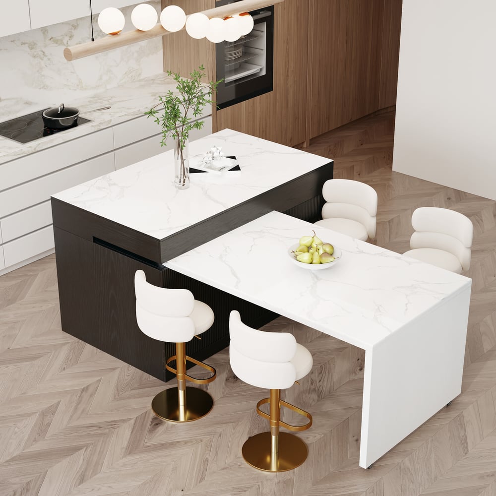 81"–112" Modern Extendable Glossy Sintered Stone Kitchen Island with Storage, White & Black window image