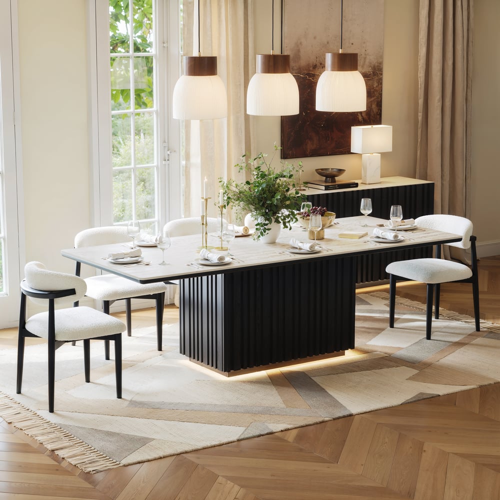 Aura 84" Rectangular Black Faux Travertine Sintered Stone Dining Table, Fluted Base, Seats 8 window image
