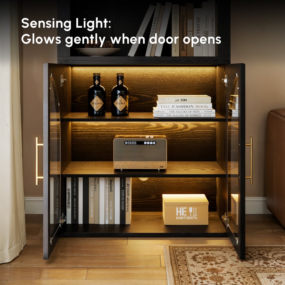 Arune Black Chest Bookcase with Storage Cabinet & LED Light window image