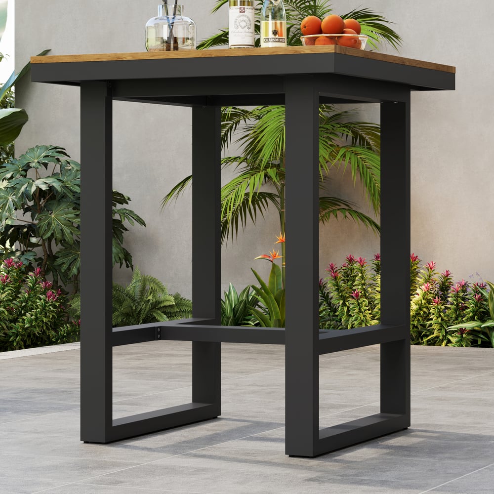 Tevara Outdoor Square Bar Table with Teak Wood Slat Top & Aluminium Frame in Dark Grey window image