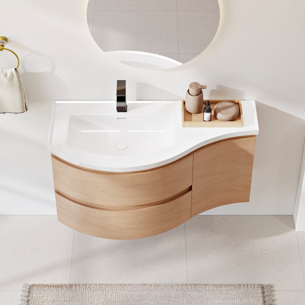 35" Floating Single Curved Bathroom Vanity with Sink & Storage window image