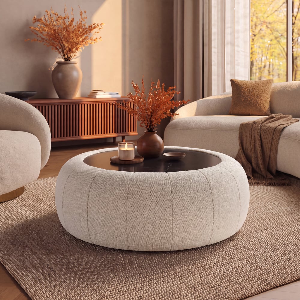 Modern 39" Round Performance Chenille Ottoman Coffee Table with Hidden Storage window image