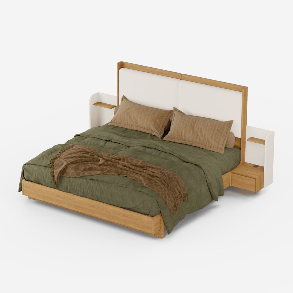 King Solid Wood Bed with Leather Extended Headboard & Floating Smart Nightstand Set window image