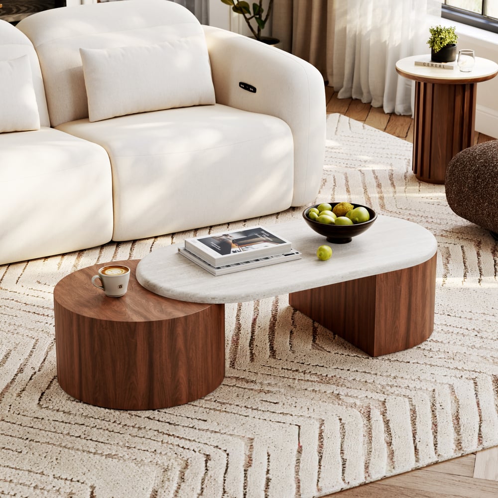 47"-60" Extendable Walnut Coffee Table with Travertine Veneer Top window image