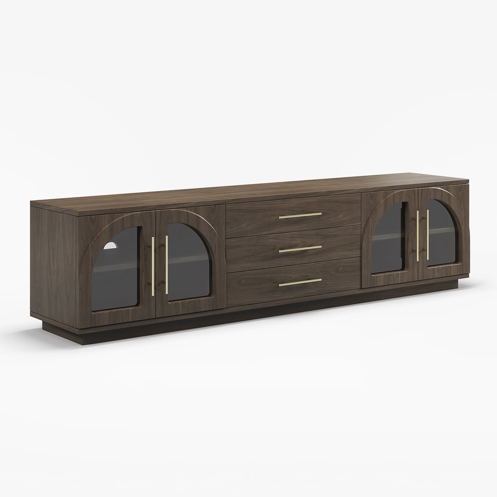 Arune 80" Arched Glass Doors Smoked Brown TV Stand with Storage and LED window image